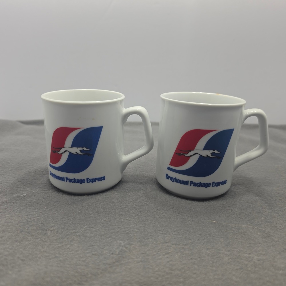 Vintage Greyhound Package Express Mugs Set of 2 White Ceramic Coffee Cups RetroB